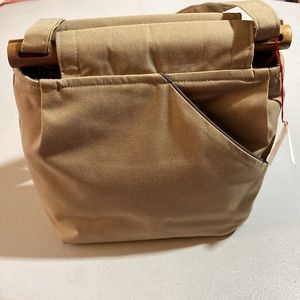 Handmade, Beige, floral interior, quilted Bag, Wooden Handles, NWT